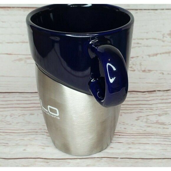 Rare Halo Branded Solutions Leeds ASI Silver Metal Half Glass Blue Mug 66887 - Picture 3 of 11
